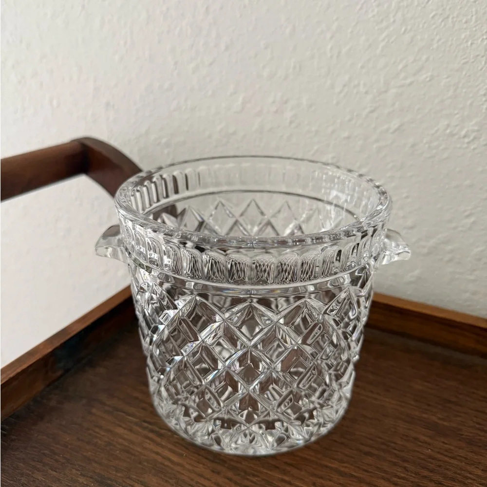 Vintage Crystal Glass Ice Bucket Barware Handles Diamond Waffle Pattern 5